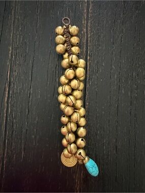 Gold-Tone Jingle Bell Tassel Bracelet with Turquoise Accent